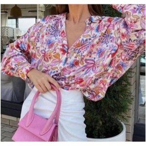 Zara NWT Long Sleeved Pink Oversized Floral Print Shirt Size Small
